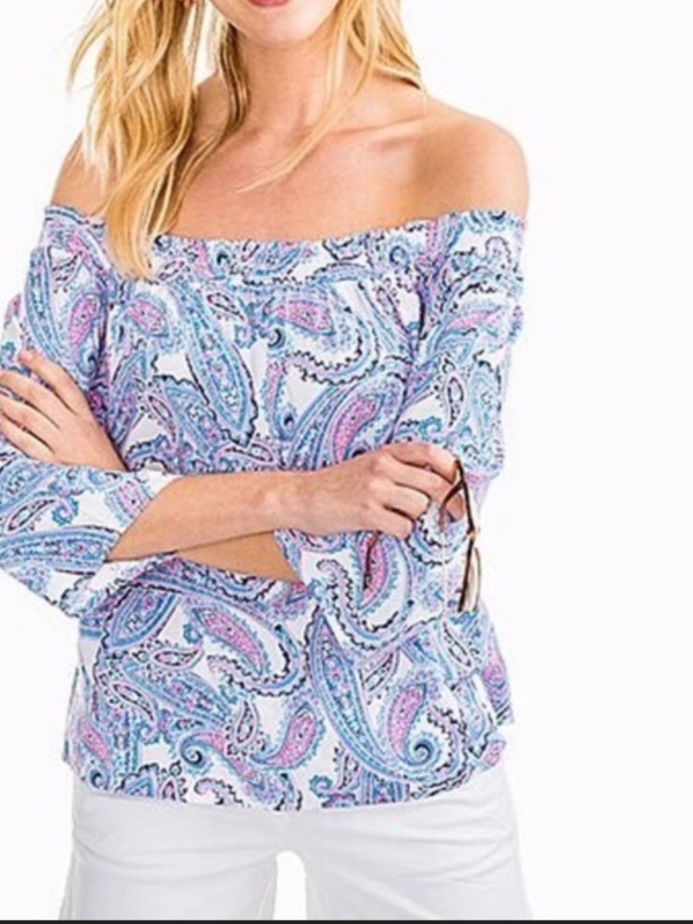 NWT Southern Tide Off-Shoulder Paisley Blouse - White, Pink, Blue size XS-S